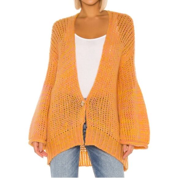 Free People Home Town Cardi Open Knit Yellow Combo Wool Alpaca Acrylic Blend New - Picture 4 of 6